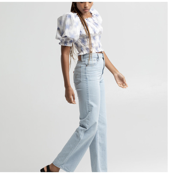 LEVI'S Women's Short Sleeve Square Neck Tilly Smocked Crop Top Purple NWT - Picture 6 of 6